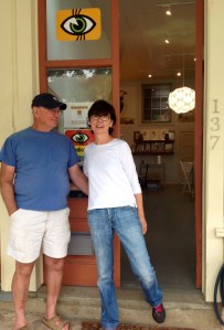 MGB and me in front of Studio 137. Note MGB' s hat with the number 5 to signify that we are now on our 5th renovation/restoration project on the town square in Woodville.